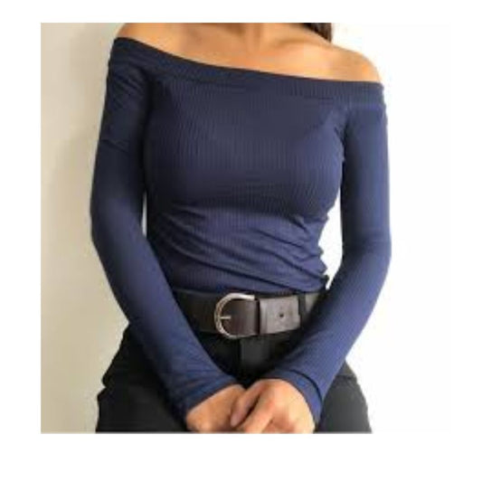 Camiseta Off Shoulder de Manga Larga – Azul Marino