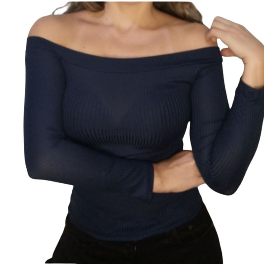 Camiseta Off Shoulder de Manga Larga – Azul Marino